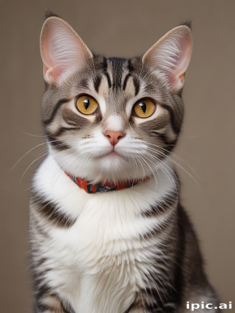 Adorable Tabby Cat with Striking Yellow Eyes and Fluffy White Chest