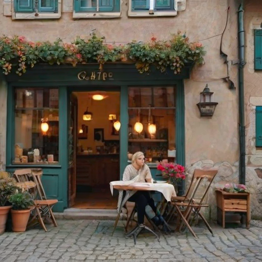 Quaint cafe in a small European village, the cobblestone street quiet in the early morning, a woman in a cozy sweater sits at a bistro table with a cup of coffee and an open book.