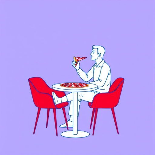 Create a line art illustration of a person sitting in a modern chair, enjoying a slice of pizza at a round table with a whole pizza on it, use vibrant blue and red colors for outlines, set in a minimalistic style, composition from eye level, use a medium aperture of f/4 for depth of field, ISO 200 for image clarity, and a 50mm lens for a natural perspective.