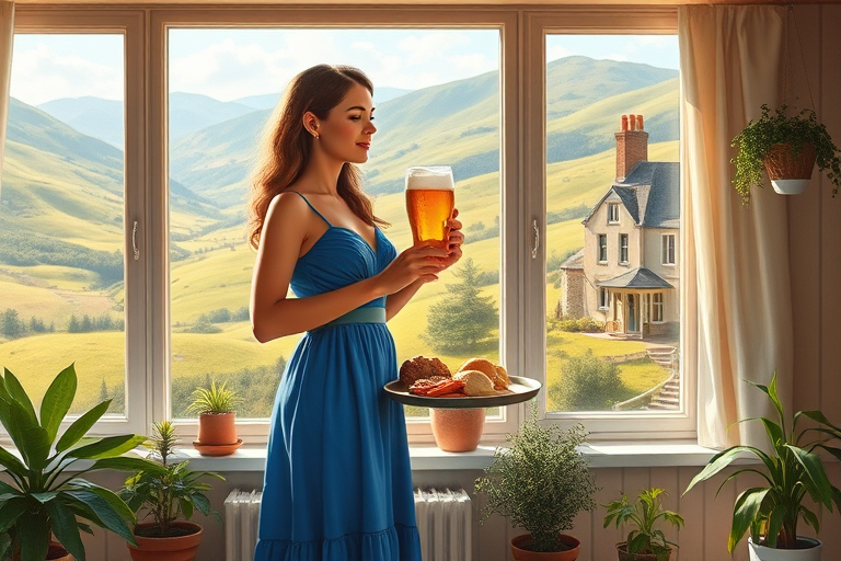 In "A Glass of Beer on the Highland," a serene scene is depicted in a sunlit room where a woman in a vibrant blue dress stands by a large window. She holds a tray with a hearty meal and a frothy glass of beer, embodying a moment of relaxation. Outside, the breathtaking highland landscape features rolling green hills and a charming traditional house, all bathed in warm afternoon light. The interior is adorned with potted plants, creating a harmonious blend of comfort and nature. The painting beautifully captures the tranquility and joy found in simple pleasures amidst stunning scenery