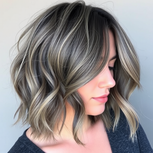 Ash grey lob with a deep side part and beachy waves, named "Smoky Quartz," boasting a lived-in texture and subtle silver babylights framing the face