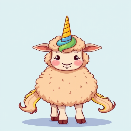 Create a whimsical illustration of a fluffy brown unicorn sheep with a colorful horn, standing on a soft blue background, using a digital art style with a high-resolution setting of 300 DPI, zoom level of 1.5x, and a bright color palette for enhanced vibrancy.