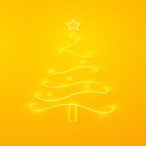 Create a glowing Christmas tree design with a wavy golden outline and yellow stars on a bright yellow background, captured with a DSLR camera at f/2.8, ISO 100, 50mm lens, shot from a slightly elevated angle with a soft focus style for enhanced clarity and vibrancy.