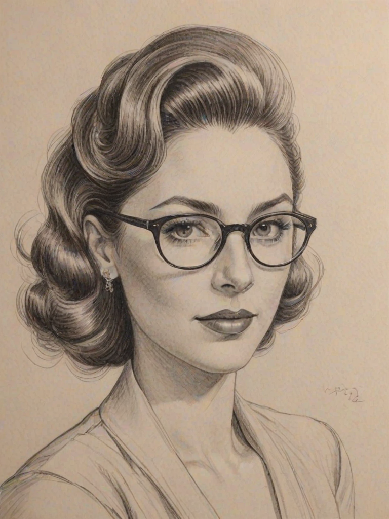 Dazzling Gina Linetti, pencil sketch, portrait of Elegant woman 1942s in glasses, hair style beatnik, outline, clear lines, fine lines, 8k