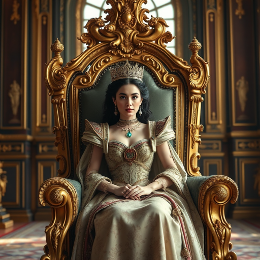 Regenerate the image of a queen seated on a luxurious throne in an opulent hall, with intricate gold details and gemstone accents, using a Canon EOS R5 camera, 50mm lens, f/1.8 aperture, ISO 100, natural soft lighting for enhanced quality.