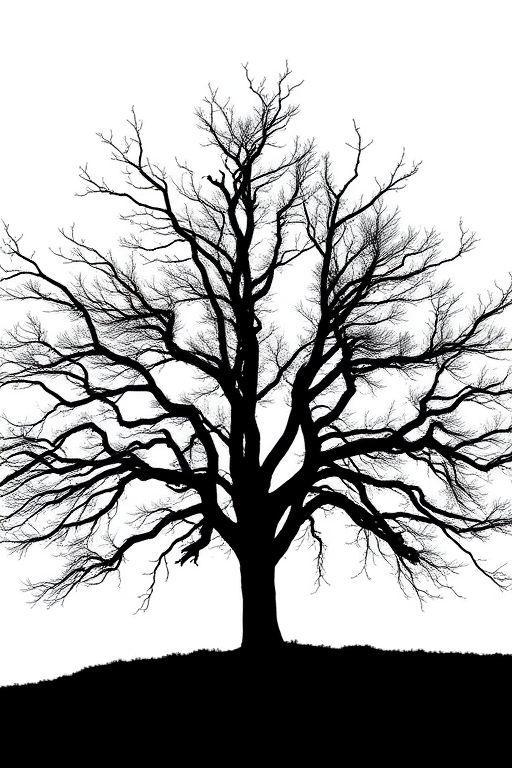 Generate a high-resolution image of a stylized black silhouette of a tree on a white background, taken with a DSLR camera at f/8 aperture, 1/250 shutter speed, ISO 200, using a wide-angle lens at 24mm, captured from a low angle for dramatic effect.