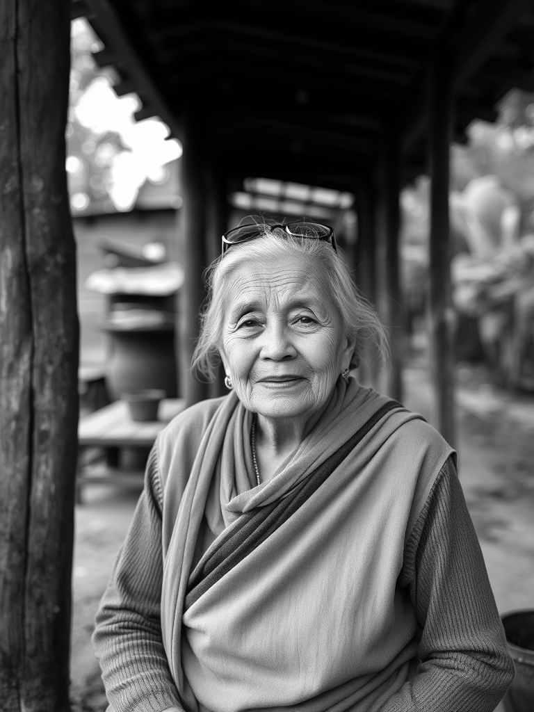 Regenerate a black and white portrait of an elderly woman sitting under a wooden structure with a serene expression, captured with a Canon EOS R5, 50mm lens, f/1.8 aperture, 1/200s shutter speed, ISO 100, natural lighting for enhanced details and sharpness.