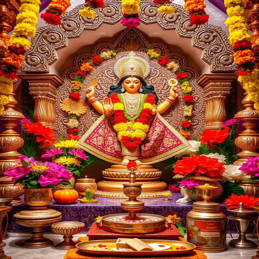 Create an image of a beautifully decorated deity altar featuring a statue of Goddess Lakshmi, surrounded by vibrant flowers and traditional offerings, captured with a DSLR camera at f/2.8 aperture, ISO 100, 1/60 shutter speed, in natural light, from a slightly elevated angle for enhanced depth.