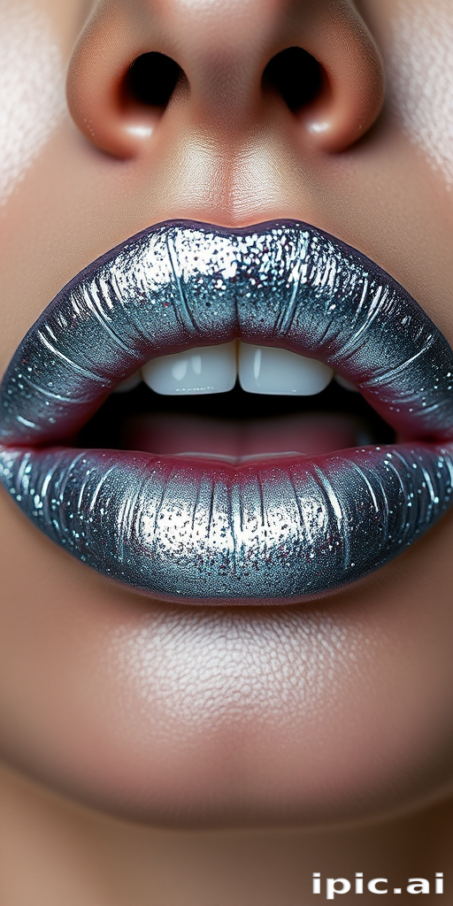 Glittery silver lips with a futuristic, space-age vibe, perfect for avant-garde fashion shoots or editorial makeup looks