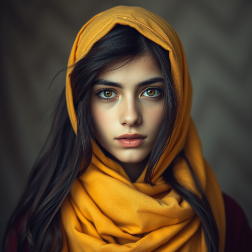Create a portrait of a young Turkish male with long, dark hair and captivating hazel eyes. She is wearing a Yellow headscarf and a matching scarf draped gracefully around her neck. The background is softly blurred, focusing attention on her serene and natural expression. The overall color palette is muted and warm, enhancing the intimate and authentic feel of the portrait.