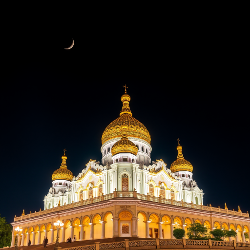A beautifully illuminated palace with intricate golden domes and crescent moon in a night sky, taken with a DSLR camera at f/2.8, ISO 200, 24mm lens, in a wide-angle view, using long exposure for enhanced detail and vibrancy.