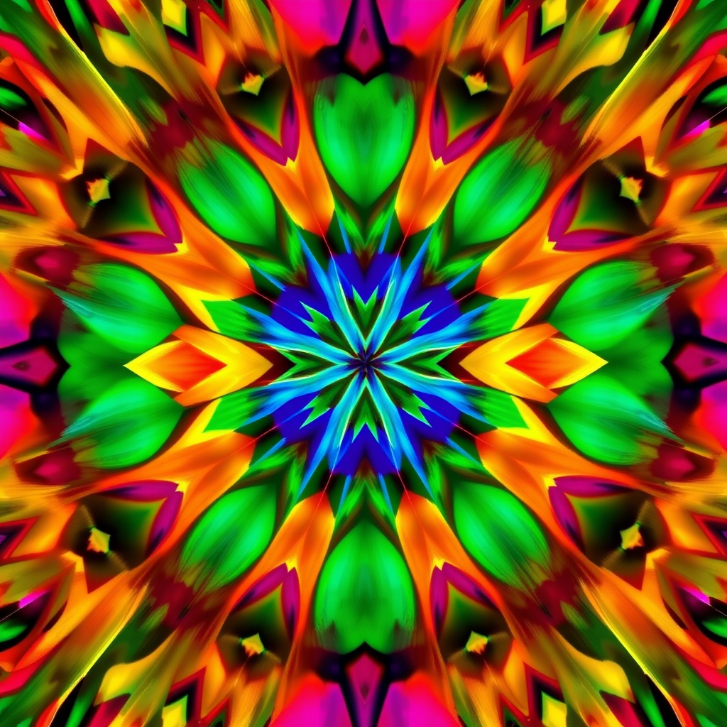 Create a high-resolution image of an abstract geometric pattern with vibrant colors in a symmetrical design, captured at f/8 aperture, ISO 100, shutter speed 1/125s, using a DSLR camera from a top-down view with soft lighting for even distribution.