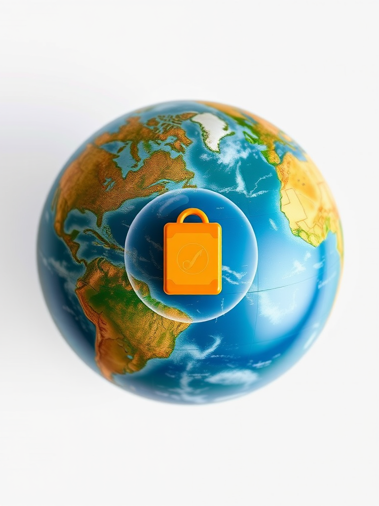 Create a high-resolution flat design image of a globe with a package icon in the center, use a Canon EOS R5, 50mm lens, f/1.8 aperture, ISO 100, and soft natural lighting to enhance the clarity and color vibrancy.