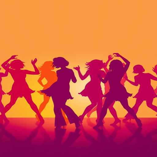 Create a vibrant silhouette illustration of dancing figures in a 1970s disco style, using a Canon EOS R5 camera with a 50mm lens at f/1.8, shooting in portrait mode with soft lighting and a high saturation filter for enhanced colors.