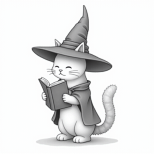 A grayscale illustration of a cat wearing a witch's hat and cloak. The cat is standing on its hind legs and is holding a spellbook in its paws and reading it intently. The hat is tall and pointed, with a wide brim and a pointed top. The cloak is draped over the cat's body, covering its body. The background is plain white, making the cat and the book the focal point of the image.