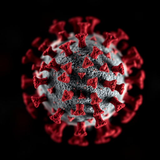 Create an abstract image depicting the COVID-19 virus with a dark background, sharp focus, high contrast colors, using a DSLR camera, aperture f/2.8, shutter speed 1/60s, ISO 400, and a macro lens to enhance detail and clarity.