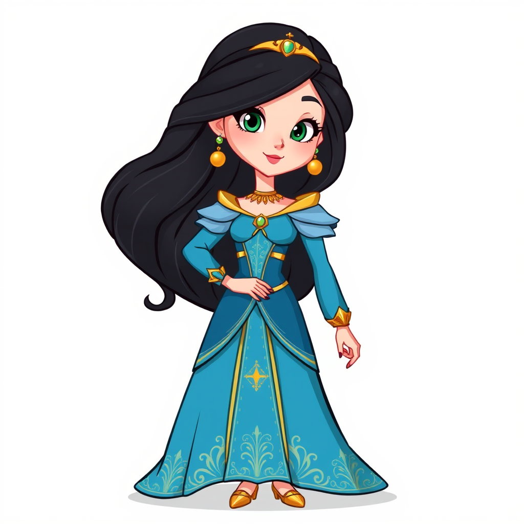 Create an illustration of an animated princess with long dark hair, wearing a detailed flowing blue outfit and gold accessories. She stands confidently, exuding charm and grace.