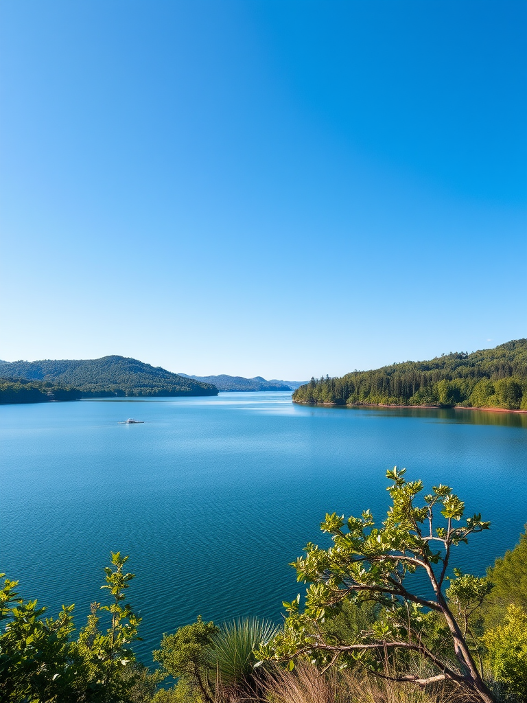 Generate a high-resolution image of a serene landscape featuring a tranquil lake surrounded by lush greenery under a clear blue sky, shot with a DSLR camera at f/8 aperture, 1/125 sec shutter speed, ISO 100, wide-angle lens, landscape orientation.