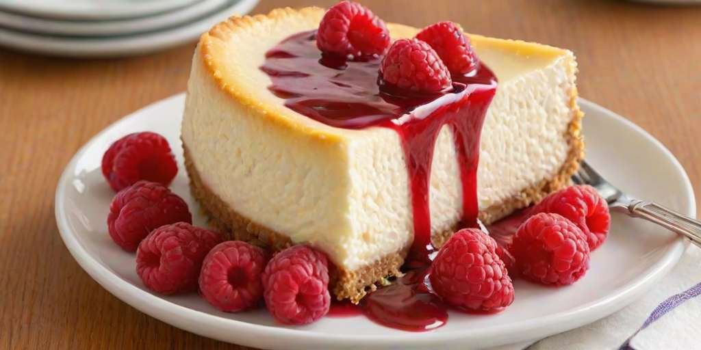 Create a delicious cheesecake topped with bright red raspberry sauce and fresh raspberries. The cheesecake should have a smooth, creamy texture with a golden graham cracker crust. Present it on a decorative white cake stand, showcasing a slice that has been cut out, revealing the layers inside. The background should be simple and elegant to emphasize the dessert.