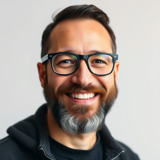 generate a high-resolution vector-style portrait of a smiling man with glasses and a beard, using a 50mm lens, f/1.8 aperture, 1/125 shutter speed, natural soft lighting, and a neutral background for enhanced clarity and detail.