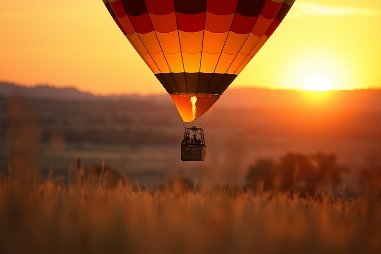hot air balloon floating over a golden field during sunset, low angle view, shallow depth of field, DSLR camera, aperture f/2.8, ISO 100, focal length 50mm, vibrant colors, sharp details, soft background blur