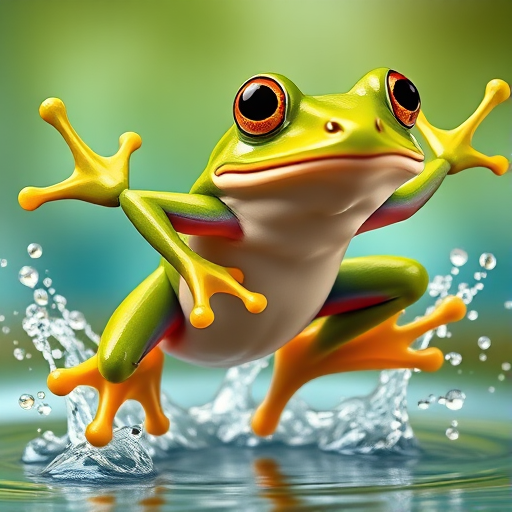 Create a vibrant cartoon image of a green frog jumping with splashes around it, captured with a DSLR camera at f/2.8, ISO 100, shutter speed 1/500s, using a macro lens for close-up detail.