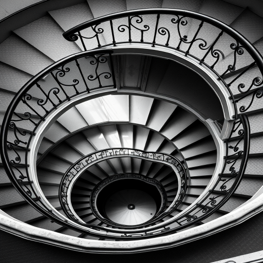 aerial view of a spiral staircase in black and white, high contrast, f/8 aperture, ISO 200, 24mm lens, DSLR, natural light, wide angle shot, featuring the elegant curves and textures of the stair railing and steps