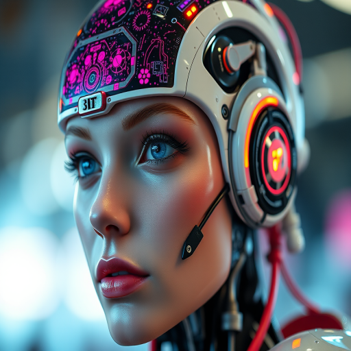 Create a highly detailed portrait of a futuristic female robot with a cosmic-themed head, incorporating vibrant colors and intricate circuitry details, captured with a Canon EOS R5 at 50mm f/1.2, ISO 100, and a soft focus bokeh background to emphasize the character's features.