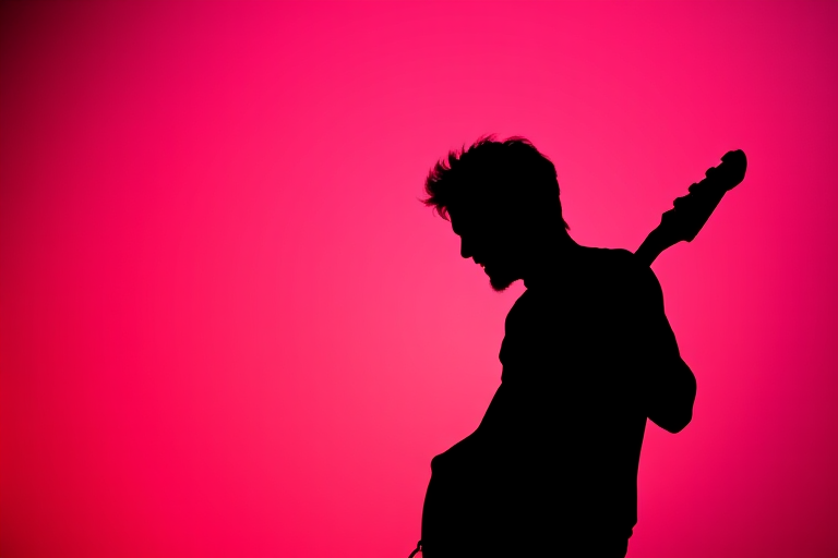 Capture a dynamic silhouette of a guitarist playing passionately against a gradient background, use a 50mm lens, f/1.8 aperture, ISO 100, with a shallow depth of field, shot in portrait orientation on a DSLR camera.