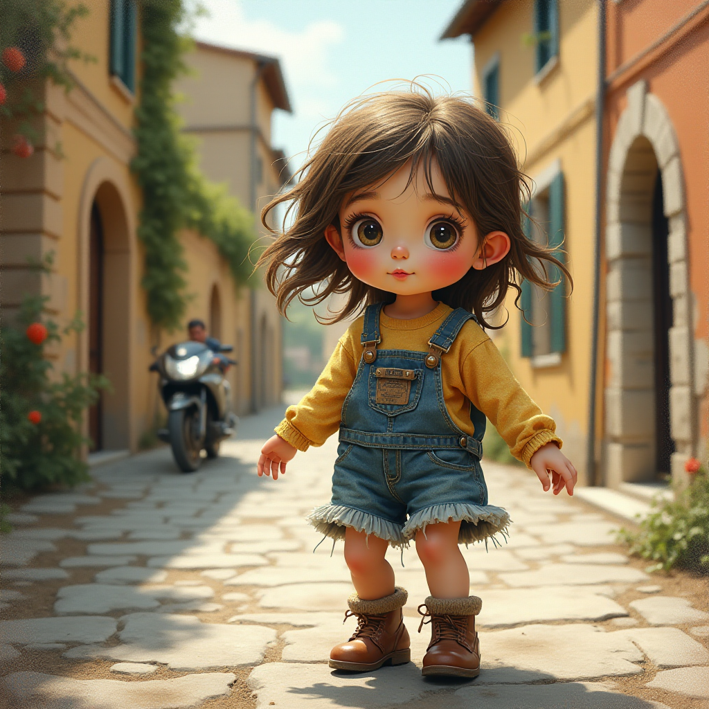 Whimsical little 3-year-old girl wearing scruffy tomboy clothes, boots, messy hair heavily blushed cheeks, pink lips, closely dancing in the street of an Italian village,Textured painterly fantasy artistic mixed media
