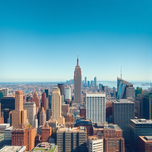 photograph of a city skyline during the day with clear blue skies, captured from a high vantage point using a DSLR camera with a 24mm lens, aperture f/8, ISO 100, shutter speed 1/200s, wide-angle view, high dynamic range for enhanced detail and vibrant colors