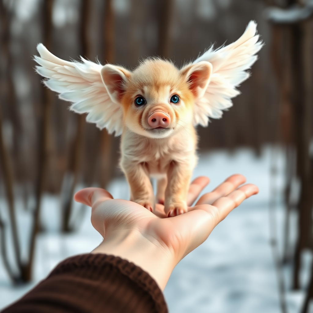 A small, pig with angelic wings standing on a human hand. The cub has a soft, fluffy texture with detailed fur, expressive blue eyes, and a curious expression. The wings are large and feathery, blending seamlessly with its fur, giving an ethereal appearance. The background is a winter forest, with the ground covered in snow and blurred brown trees, creating a serene atmosphere. The human hand in the foreground is positioned palm-up, supporting the lion cub gently, fingers slightly curled. The lighting is soft and diffused, enhancing the tender and magical feel of the scene. Colors are predominantly neutral with white, cream, and soft browns, contrasting with the subtle blue of the lion cub's eyes. The overall composition is balanced, with the cub at the center, creating a focal point that draws the viewer's attention immediately.