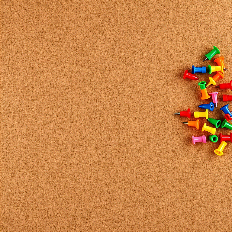 Create a high-resolution image of a corkboard with a clean, empty surface, showcasing colorful push pins in various colors on the right side, captured with a DSLR camera at f/8 aperture, ISO 200, 50mm lens, in natural lighting, with a slight depth of field effect.