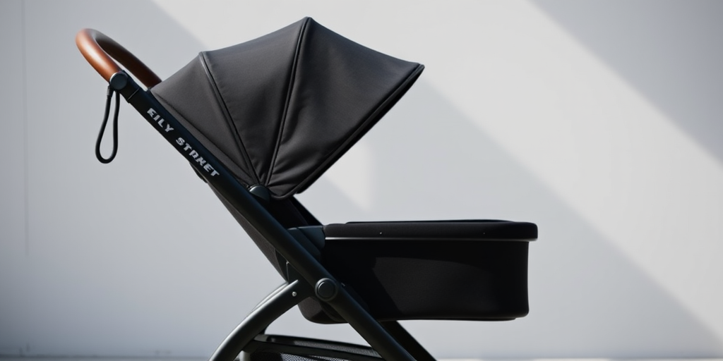 Generate a high-resolution image of a modern black stroller with a sleek design, photographed in natural light, using a DSLR camera with a 50mm lens at f/2.8, ISO 200, and a shutter speed of 1/250s, side view with a shallow depth of field to emphasize detail.