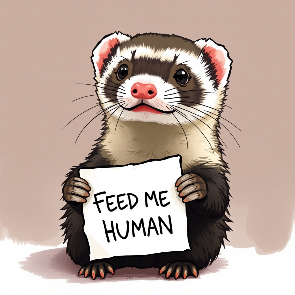 Ferret holding a note which says "FEED ME HUMAN"