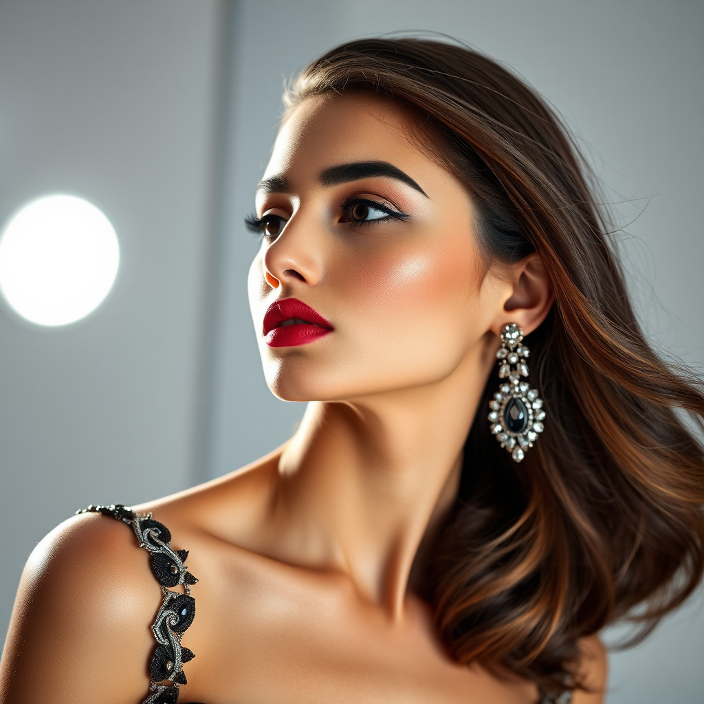 Studio portrait, female model, elegant couture dress, bold makeup, dramatic lighting, Shoot over the shoulder using a telephoto lens to focus on small details like jewelry, makeup, or fabric textures