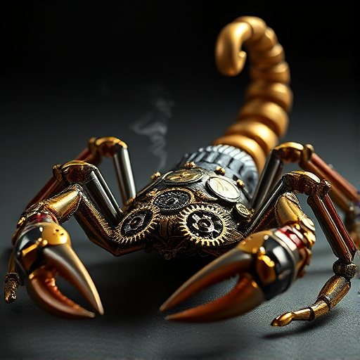 Create a high-intensity, high-resolution image of a steampunk scorpion, featuring intricate clockwork mechanisms and brass gears. The scorpion should have metallic limbs with elaborate jointed segments, showcasing a blend of Victorian-era aesthetics and futuristic technology. The body should be adorned with cogwheels, pistons, and small steam vents emitting a subtle mist, the front pinchers should up up and open. Capture the scene with dramatic lighting to emphasize the mechanical details, giving it a sense of motion and life