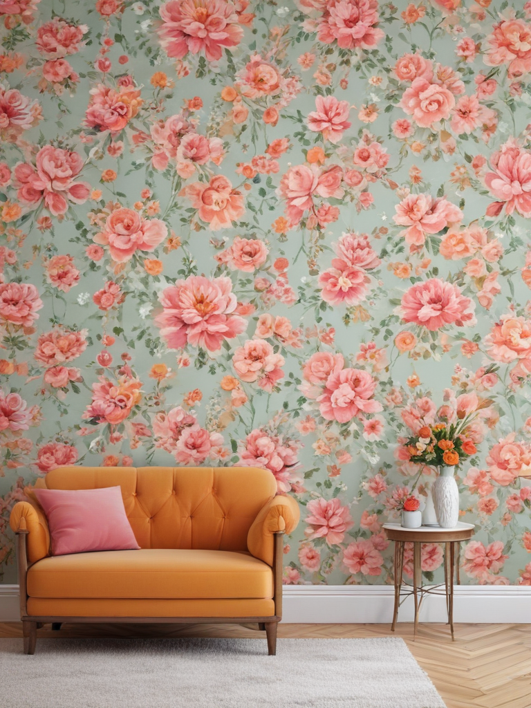 Charming Living Room with Vibrant Floral Wallpaper and Cozy Orange Sofa