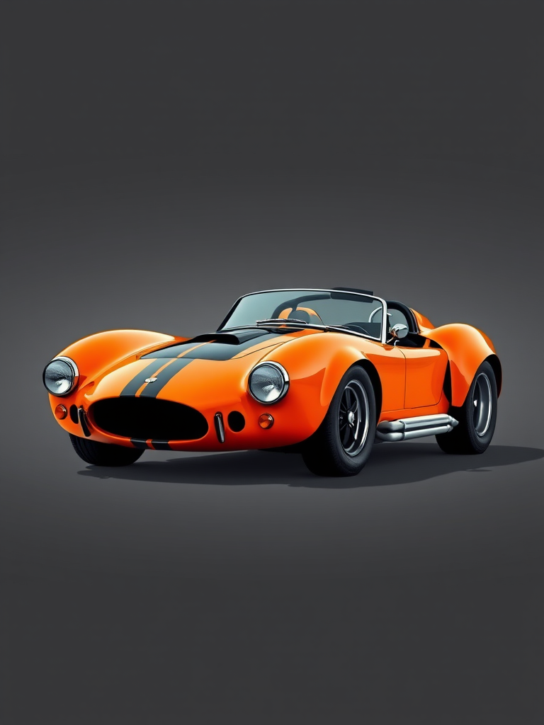 regenerate an illustration of a classic orange sports car with a black stripe, camera settings: aperture f/8, shutter speed 1/250, ISO 100, camera view: three-quarter view, camera style: high detail, camera type: digital SLR