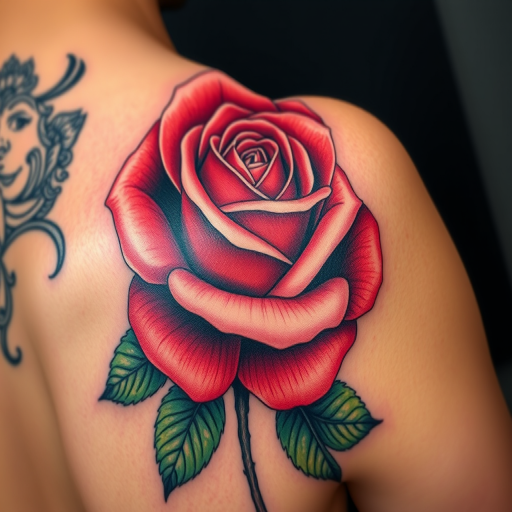 Hyper-realistic color realism tattoo of a blooming rose on the shoulder blade, capturing every intricate detail and texture, with lifelike shading and color gradients for a 3D effect