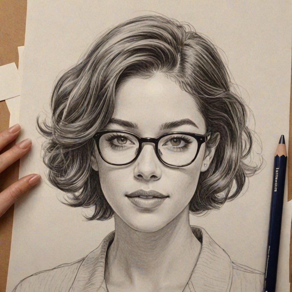 Dazzling Olivia Thirlby, pencil sketch, portrait of Lovely woman 1956s in glasses, hair style beatnik, outline, clear lines, fine lines, 8k