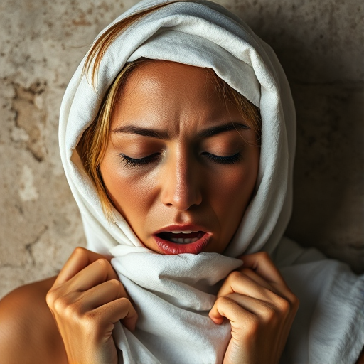 Create a close-up photographic image of a Native American woman with light skin tones shown against an old, worn wall. Their head is wrapped in a white cloth covering (i.e.... parts of the head except the nose and mouth, which are open as if they are screaming...), with a slight texture and visible folds in the fabric. Thin strands of blonde hair escape from the wrapping above, falling lightly at the top and sides. Their hands hold the fabric as if they are tugging nervously. The lighting is dramatic and even, casting strong shadows. The image has a minimalist and surreal style with an emphasis on simplicity with soft color tones. The composition is centered.