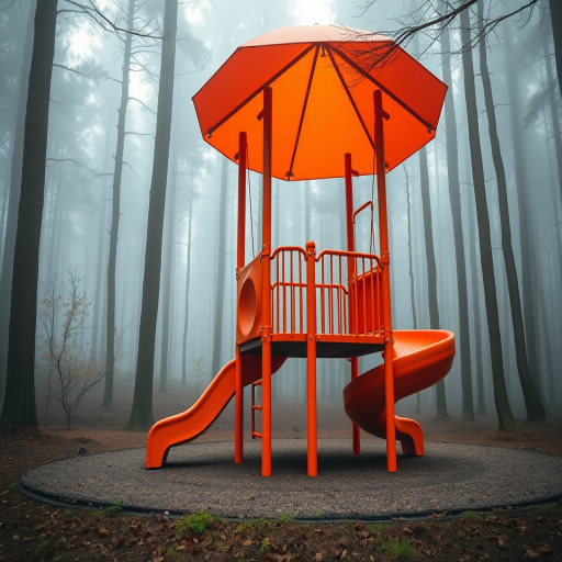 regenerate a vibrant orange playground structure amidst a misty forest, soft natural light, shallow depth of field, shot with a DSLR camera at f/2.8, 24mm lens, ISO 200, in a wide-angle view to capture surrounding trees and ground details