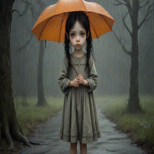 An eerie, weird little girl with dark hair in thin pigtails, wearing a smock dress, standing in the rain, holding a dirty orange umbrella, a small, odd creature beside her. In a surreal style inspired by Nicoletta Ceccoli and Brian Froud. Dark fantasy themes