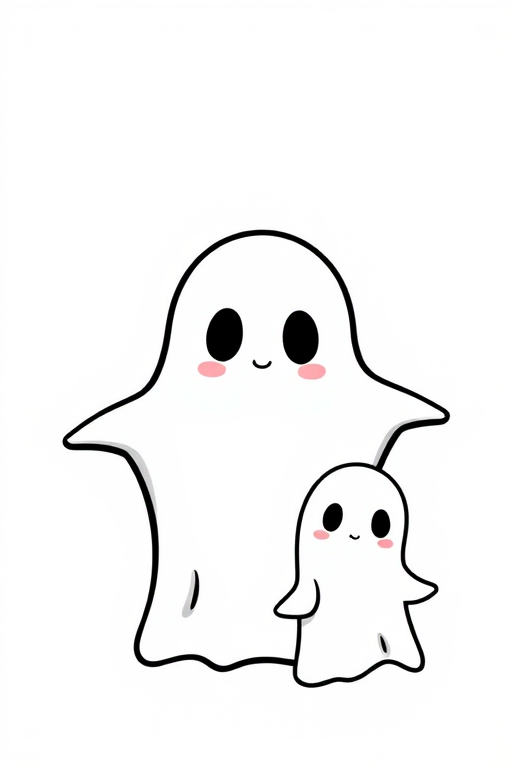 Three cute cartoon ghosts with different expressions one looks surprised one looks sad and one looks curious in a simple black outline style on a white background