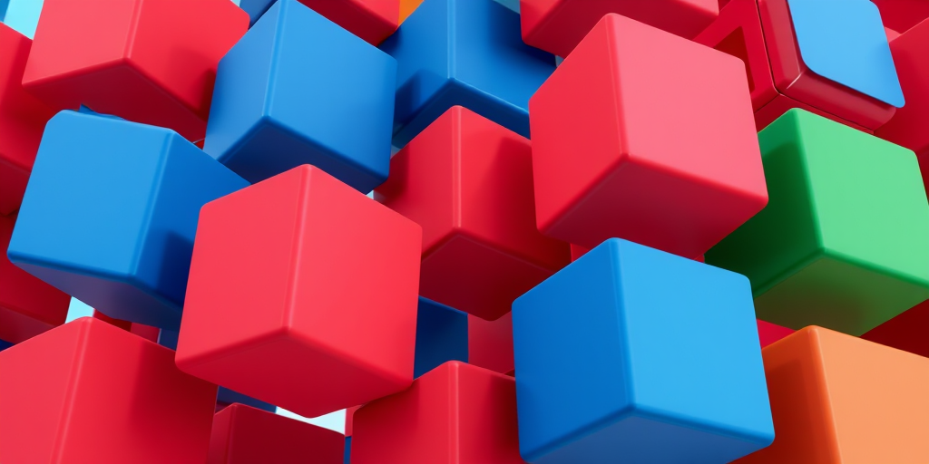Create a 3D illustration of interlocking cubes in red, blue, and green colors, using a Canon EOS R5 camera with a 35mm lens at f/8, ISO 100, and a low-angle view to emphasize depth and perspective.