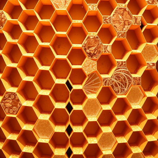 Generate a high-resolution image of a honeycomb pattern with various hexagonal shapes arranged in a dynamic layout, using a DSLR camera with a 50mm lens, f/8 aperture, ISO 100, and natural lighting to enhance texture and detail.