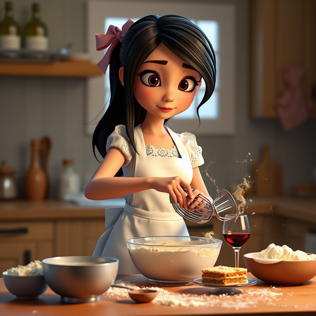 A Pixar-style CGI girl with black hair and black eyes wearing a white apron with lace stands in a kitchen and kneads cake batter. There is flour dust in the air, a glass of wine on the table and the cake ingredients are scattered around. 3D