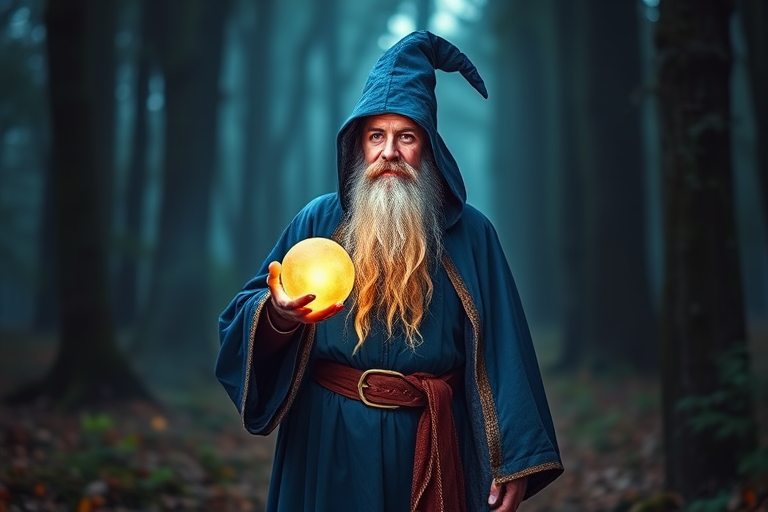 A wise wizard with a long beard and a blue cloak standing in a mystical forest holding a glowing magical orb, captured with a Canon EOS R5, 50mm lens, f/1.8 aperture, ISO 100, 1/200 sec exposure, vibrant colors, soft focus background, dramatic lighting.
