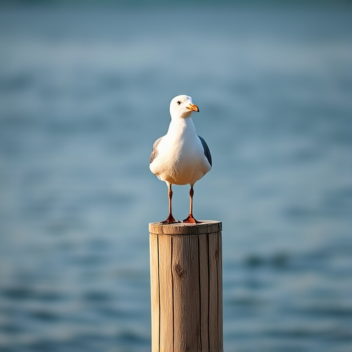 Seagull standing on a wooden post at a calm seaside, soft natural lighting, aperture f/4, shutter speed 1/200s, ISO 100, 50mm lens, taken with a DSLR camera, shallow depth of field for a blurred background.